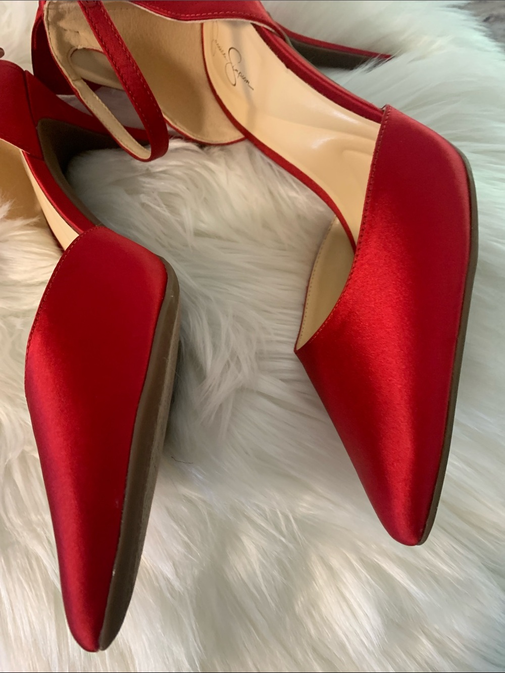 Red Satin Pointed-Toe Ankle-Strap Heels with Bow Accent by Jessica Simpson 9.5M - Picture 9 of 10